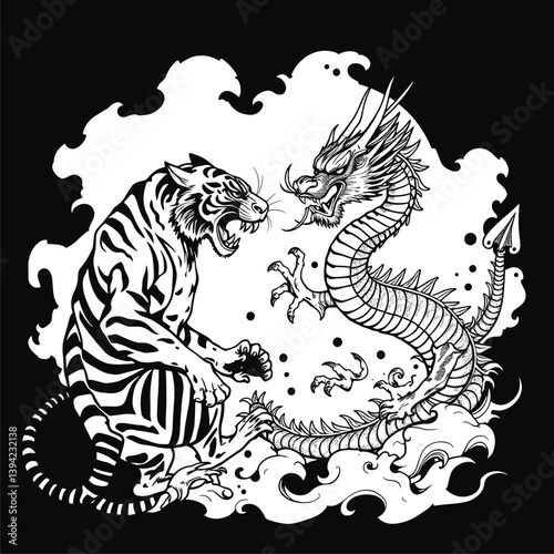 Tiger and Dragon Confrontation: Monochrome Asian Mythological Battle.