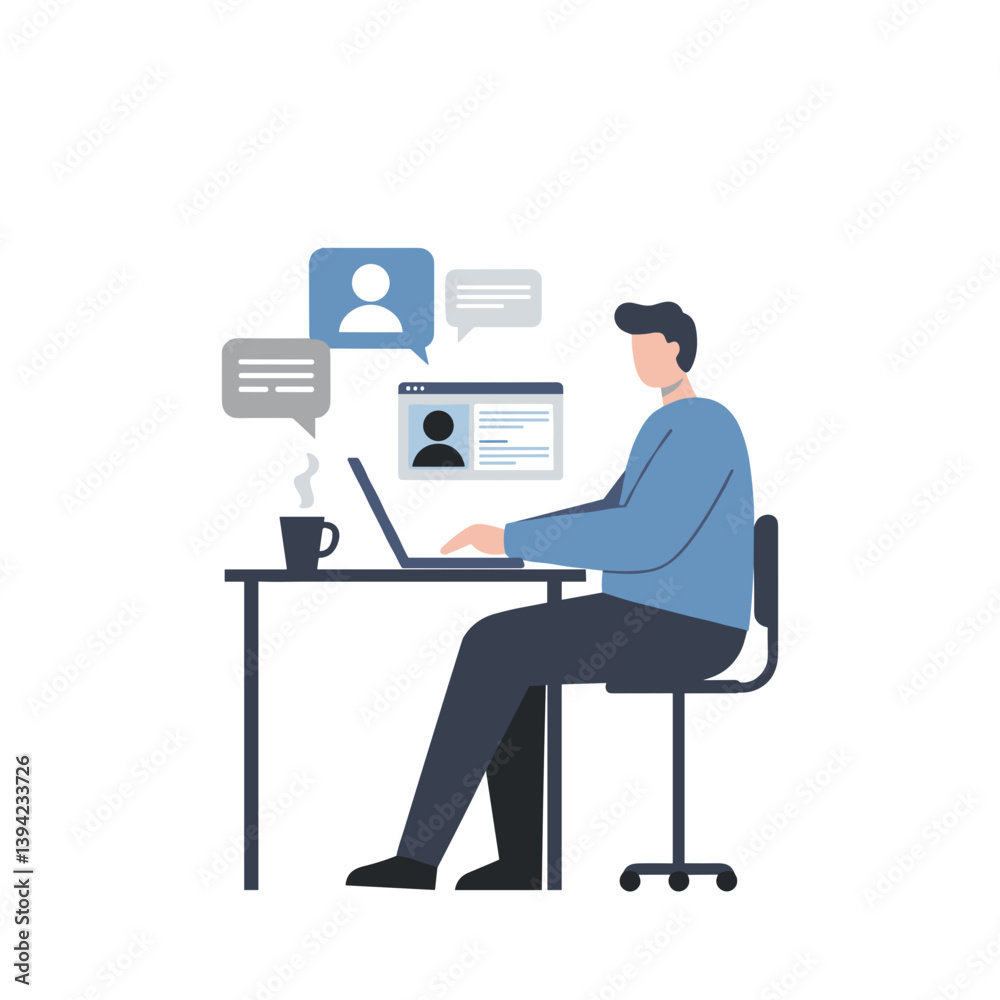 Man working on a laptop, communicating online, in a modern workspace. Man working on a laptop, communicating online, in a modern workspace.