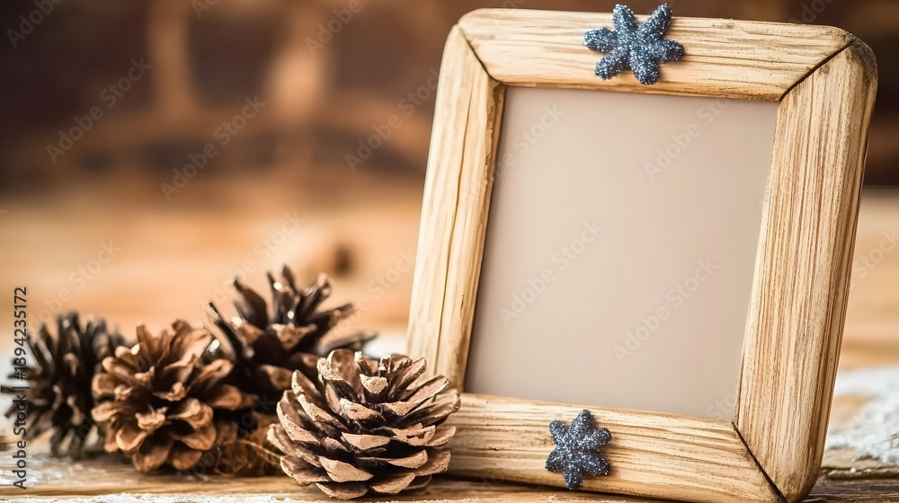 Obraz premium Rustic Wooden Photo Frame with Pine Cones Winter Holiday Decoration
