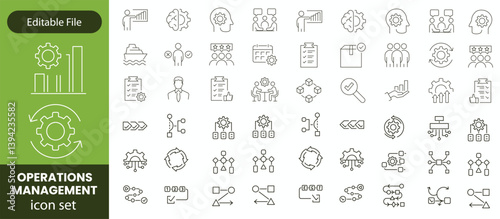 Operations management Editable Stroke icon collections. Containing production, logistics, supply chain, manufacturing, planning, inventory, strategy, customer satisfaction and cost icons.