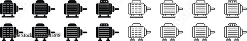 Electronic motor icon set vector. Electronic motor equipment repair with wrench, engine concept linear pictograms collection isolated on transparent background. Monochrome contour technology symbol