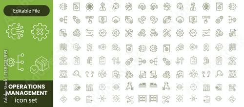 Operations management Editable Stroke icon collections. Containing production, logistics, supply chain, manufacturing, planning, inventory, strategy, customer satisfaction and cost icons.