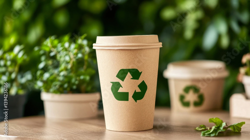 Obraz na płótnie Paper cup with a recycling sign on the background w salonie