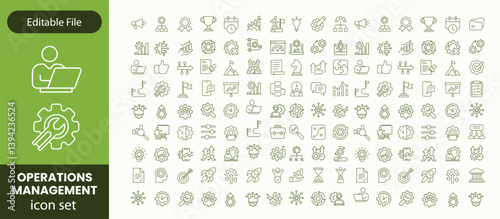 Operations management Editable Stroke icon collections. Containing production, logistics, supply chain, manufacturing, planning, inventory, strategy, customer satisfaction and cost icons.