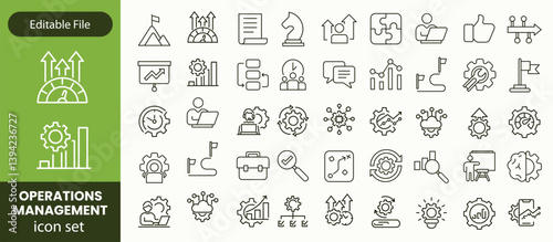 Operations management Editable Stroke icon collections. Containing production, logistics, supply chain, manufacturing, planning, inventory, strategy, customer satisfaction and cost icons.