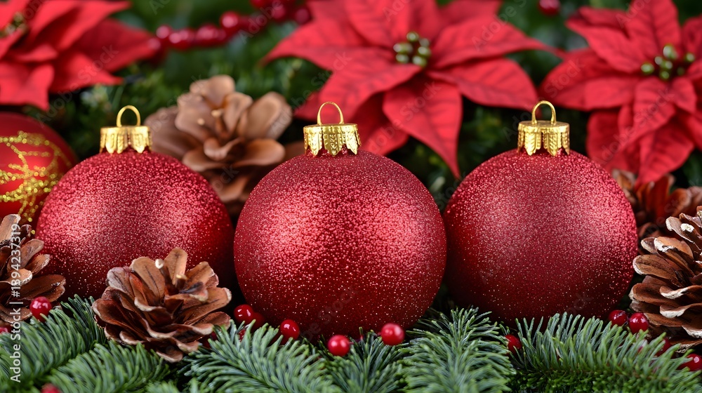 Naklejka premium Red Glitter Christmas Ornaments Pine Cones Holly