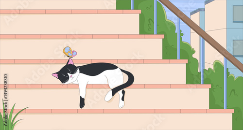 Sleeping tuxedo cat on outdoor steps with butterfly lofi wallpaper. Cute black and white kitty napping in urban summer 2D cartoon flat illustration. Vector art image lo fi aesthetic color background