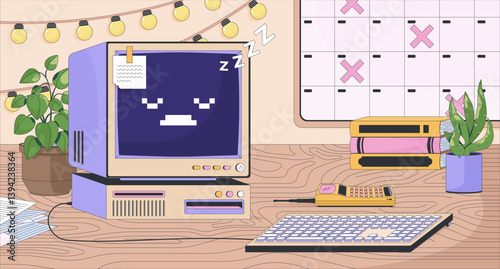 Cozy workspace desk with retro computer lofi wallpaper. Nostalgic tech, calendar marks, PC sleepy zzz, brick phone 2D cartoon flat illustration. Vector art image lo fi aesthetic color background