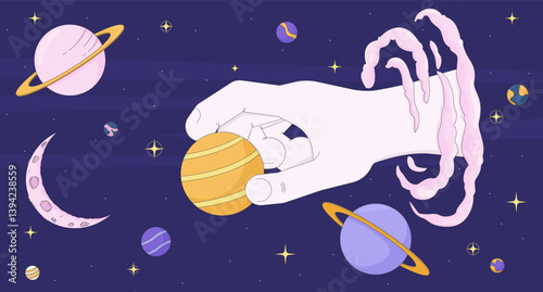 Creation of the universe lofi wallpaper. Dreamy stars, celestial space. Cosmic hand holding planet in whimsical galaxy 2D cartoon flat illustration. Vector art image lo fi aesthetic color background