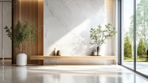 Wooden bench near marble stone wall and wood  Minimalist home interior design of modern entrance hall with big window