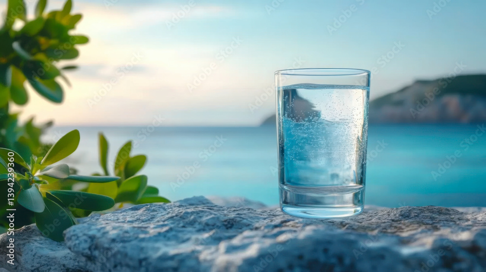 Glass of water with ice on the beach