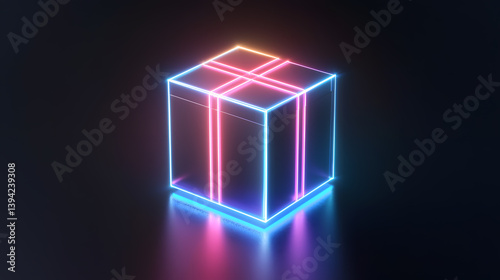 Floating commercial-grade package box icon digital environment graphic design neon aesthetics