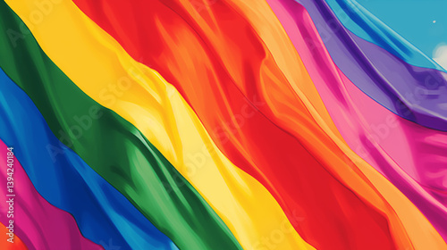 Vibrant illustration of rainbow flag with pride theme against blue sky background