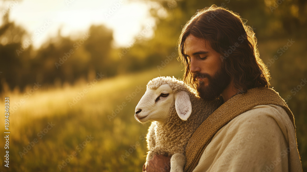 Compassionate shepherd cradles lamb serene pastoral setting emotive scene golden hour spiritual connection