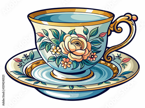 A vector illustration of a vintage porcelain tea cup and saucer with a floral pattern, isolated on a white background