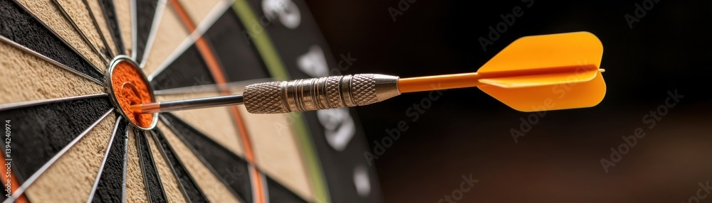 Dart Arrow Hitting Bullseye on Dartboard in a Close-Up View with Background Blur Effect Dart Arrow Hitting Bullseye on Dartboard in a Close-Up View with Background Blur Effect