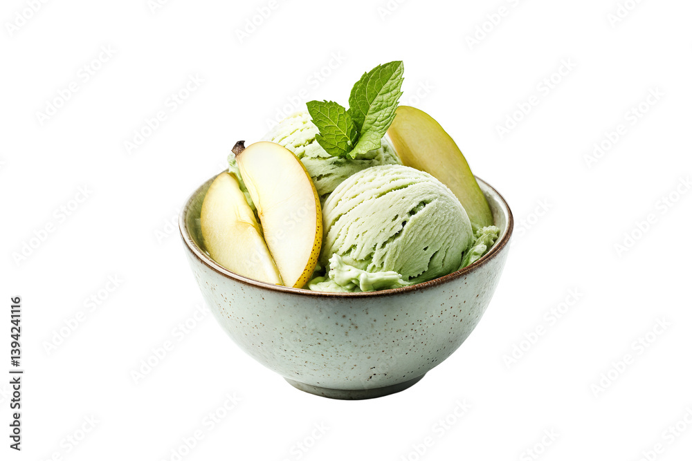 Pistachio ice cream with fresh pear slices and mint leaves in a bowl isolated on transparent background Pistachio ice cream with fresh pear slices and mint leaves in a bowl isolated on transparent background