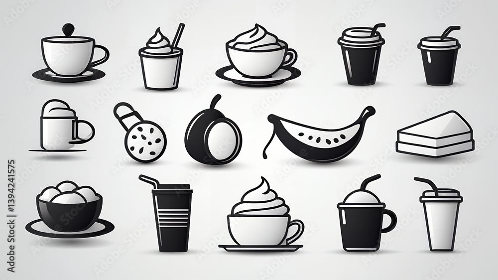Obraz premium Delicious Drinks and Sweet Treats A Collection of Cute Food Icons