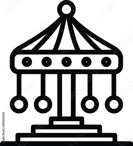 Black and White Vector PNG Illustration of a Carousel with a Conical Roof, Circular Base, Central Pole, and Five Suspended Seats, Symbolizing Amusement and Playfulness.