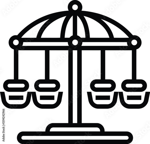 Black and White Vector PNG Illustration of a Carousel with Four Swing Seats Suspended from a Circular Canopy Above a Central Pole.