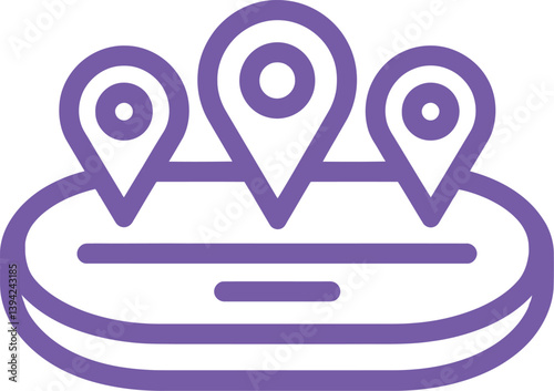 Black and White Vector PNG Illustration Depicting Three Location Pins Over an Oval Base with Horizontal Lines Inside, Representing Mapping and Geographic Services.