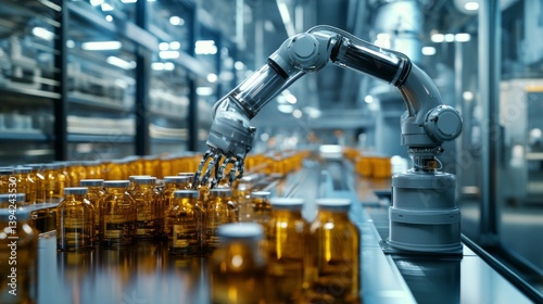 Robotic Arm Handling Amber Bottles on Conveyor Belt