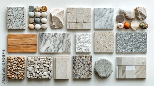 Variety of natural stone and composite material samples arranged in a grid pattern on a white background.