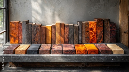 Variety of wood blocks in different colors and textures displayed on a shelf. Sunlight casts shadows on the blocks.
