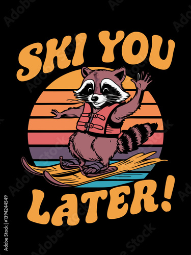 Funny racoon waterskiiing t-shirt design with text