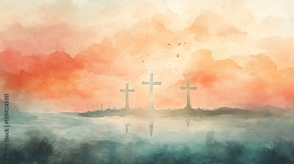 Obraz premium Three Crosses at Sunset Reflected in Water