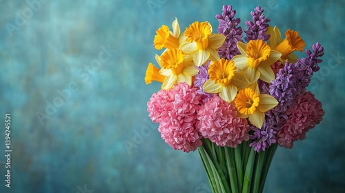 Vibrant spring bouquet of daffodils, hyacinths, and ranunculus.