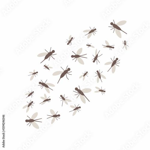 Dense swarm of mosquitoes mid-flight on white background, minimalism