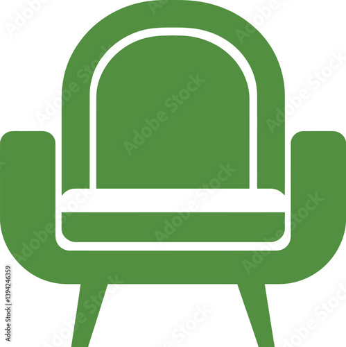 Green Vector PNG Illustration of a Modern Armchair with a Rounded Backrest, White-Outlined Cushion, and Outward-Extending Armrests, Supported by Four Simple Legs.