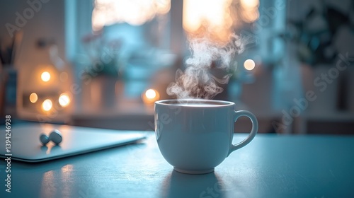 Warm cup of coffee steaming on a desk in front of a laptop in a cozy home office.