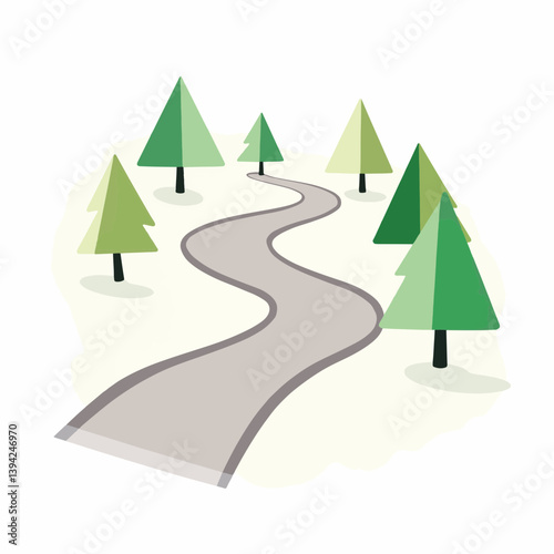 Winding rollerblading path through stylized trees, natural serenity