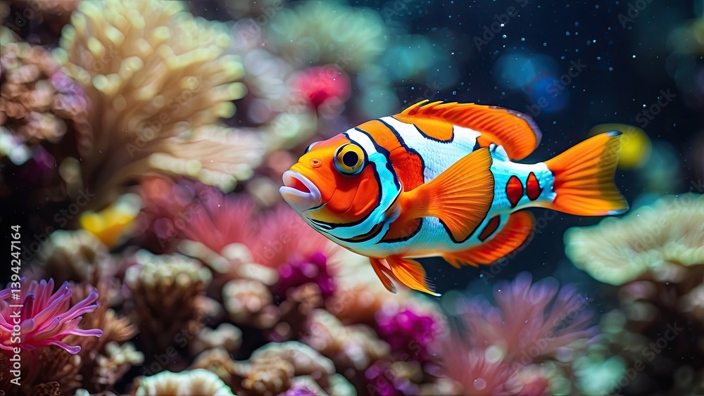 A vibrant, colorful fish with pink and yellow scales swims amidst coral reef. A vibrant, colorful fish with pink and yellow scales swims amidst coral reef.