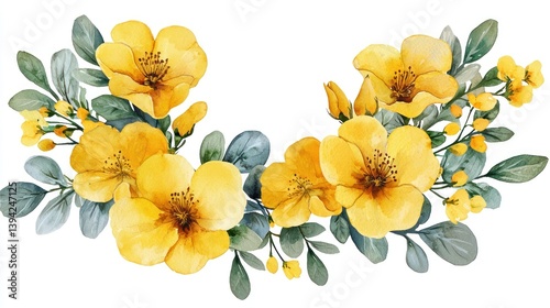 Watercolor arrangement of yellow flowers and greenery.