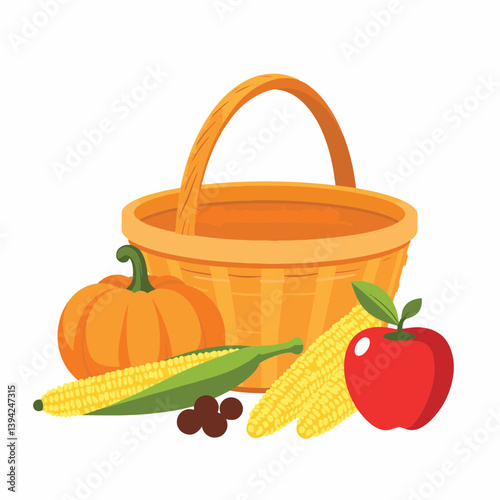 Harvest basket with seasonal produce on white background, autumn bounty