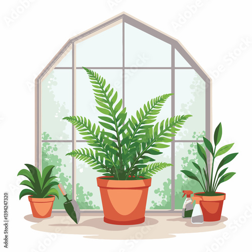 Lush green fern in terracotta pot inside minimalist greenhouse, nurturing environment