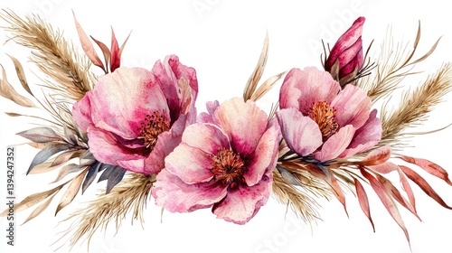 Watercolor floral bouquet arrangement with pampas grass. Decorative, elegant, artistic,
