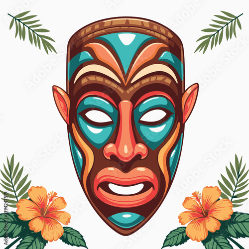 Traditional Pacific Island dance mask illustration, cultural symbolism