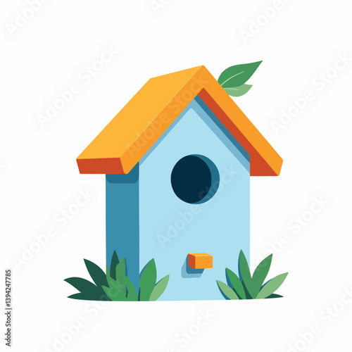 Minimalist blue birdhouse with orange roof, natural simplicity