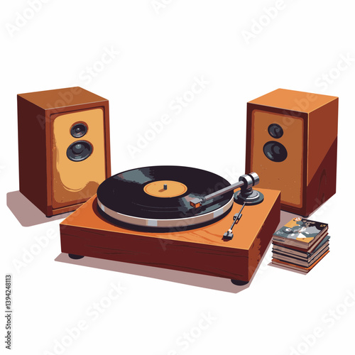Vintage turntable spinning vinyl records with speakers, nostalgic music