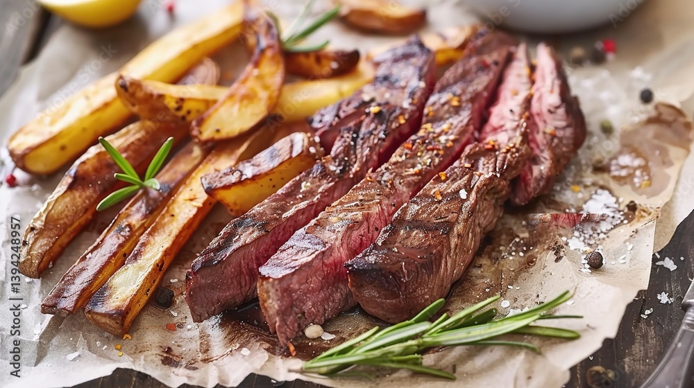 An appetizing plate of steak frites is presented. The steak, a thick and juicy cut, is cooked to a perfect medium - rare, with a seared, browned exterior that gives off a mouth - watering aroma An appetizing plate of steak frites is presented. The steak, a thick and juicy cut, is cooked to a perfect medium - rare, with a seared, browned exterior that gives off a mouth - watering aroma