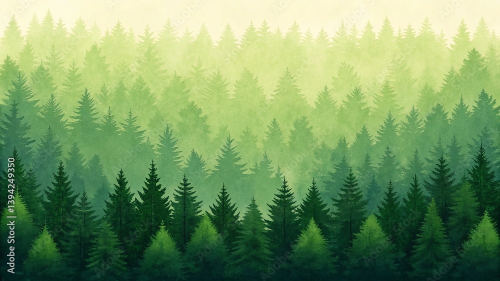 Fototapeta premium dense forest landscape with layered coniferous trees in gradient green tones creating a tranquil nature background 