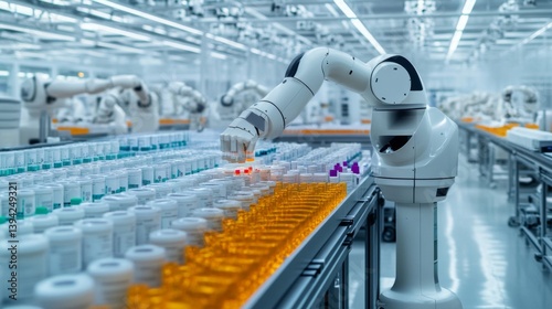 Robotic Arm Handling Pharmaceutical Containers in Modern Factory