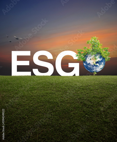 Fototapeta Naklejka Na Ścianę i Meble -  ESG white letter with earth and tree on green grass field over sunset sky, Environmental Social Corporate Governance concept, Save the earth concept, Elements of this image furnished by NASA