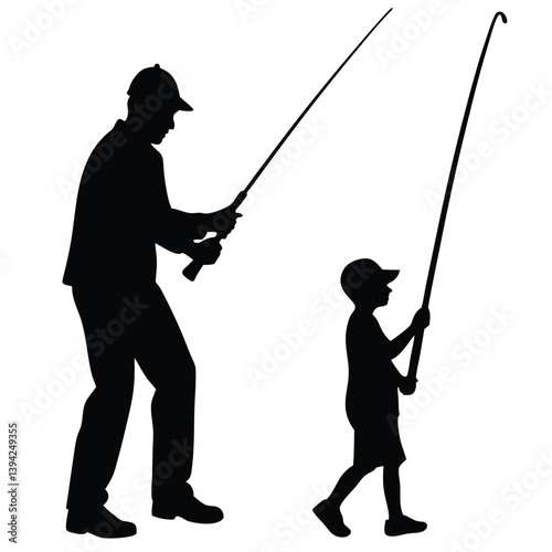 Father And Son Fishing Silhouette Enjoying Quality Time Together Outdoors.