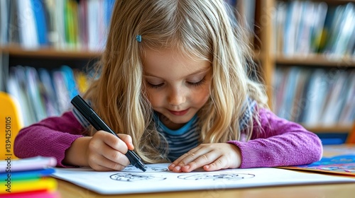 Young girl drawing in library.