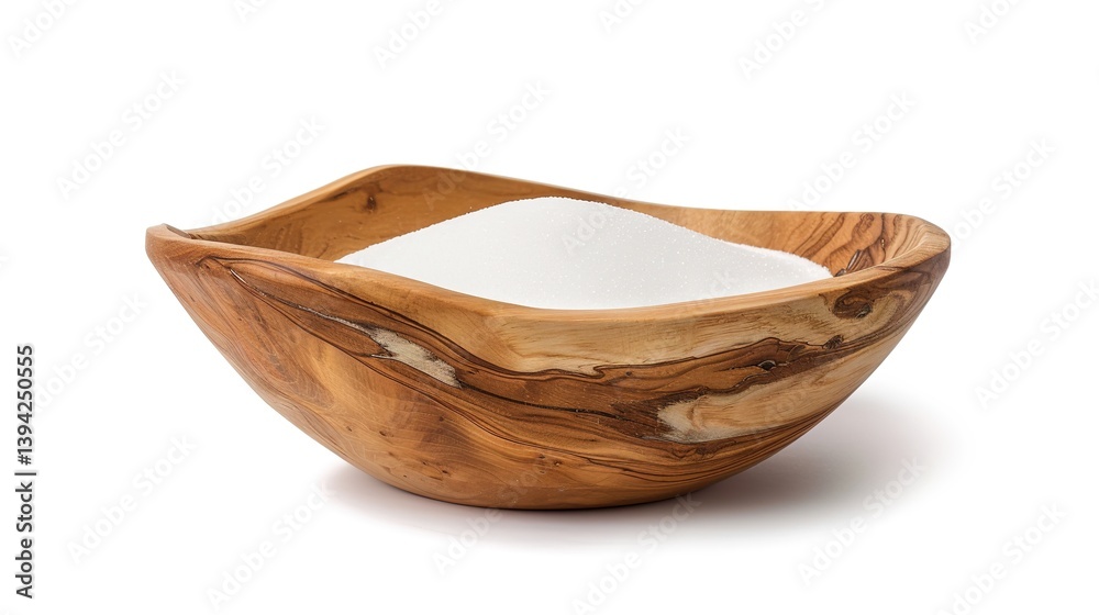 Obraz premium White sugar in a wooden bowl is isolated on a white background. The simple and clean scene shows the natural color and texture of the sugar and the bowl.